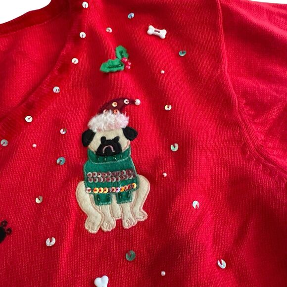 Ladies Christmas Sweater Puppies Dog Pug Golden Poodle Quaker Factory 3X Red - Picture 5 of 14